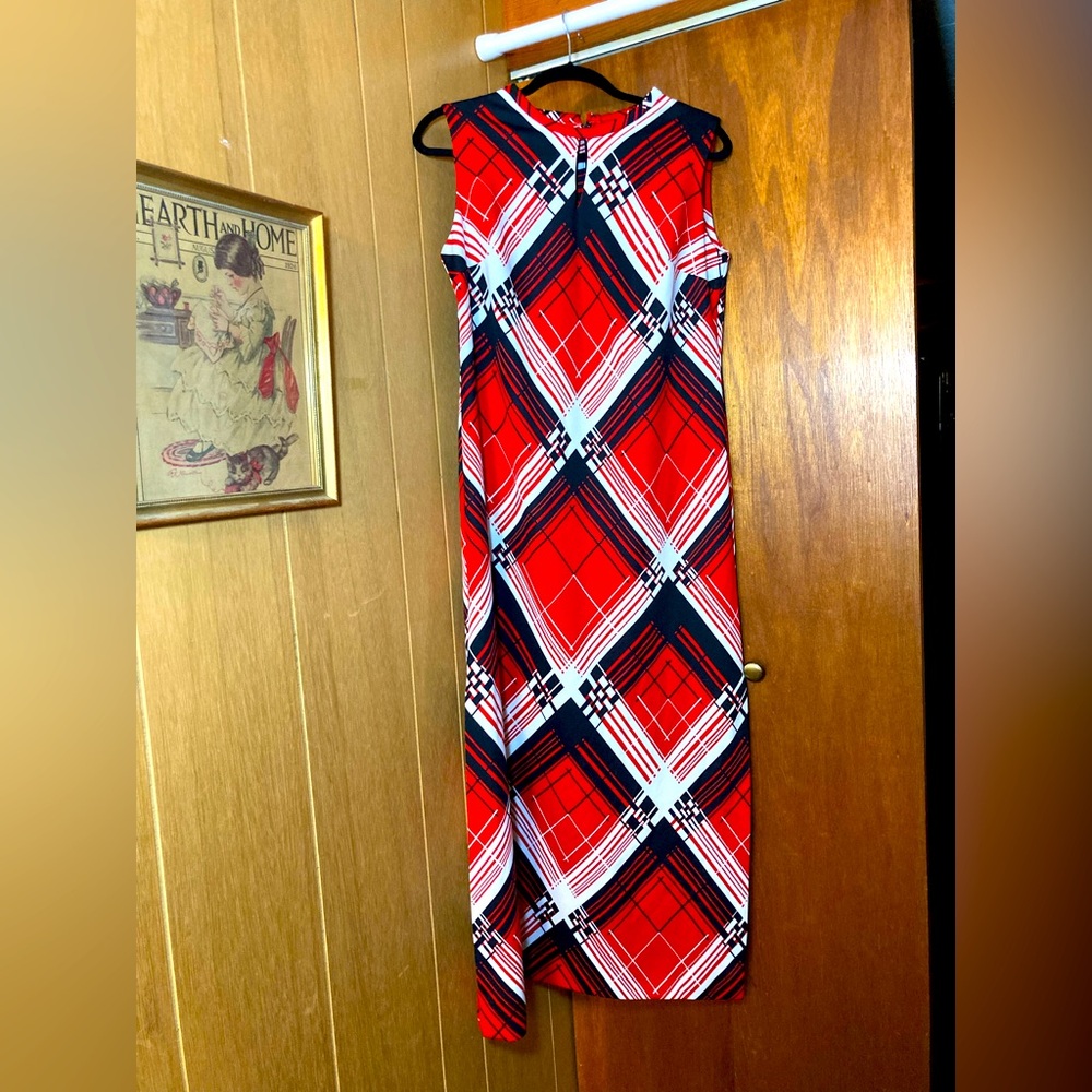 Vintage 1960s 1970s red black white polyester maxi dress with side slits